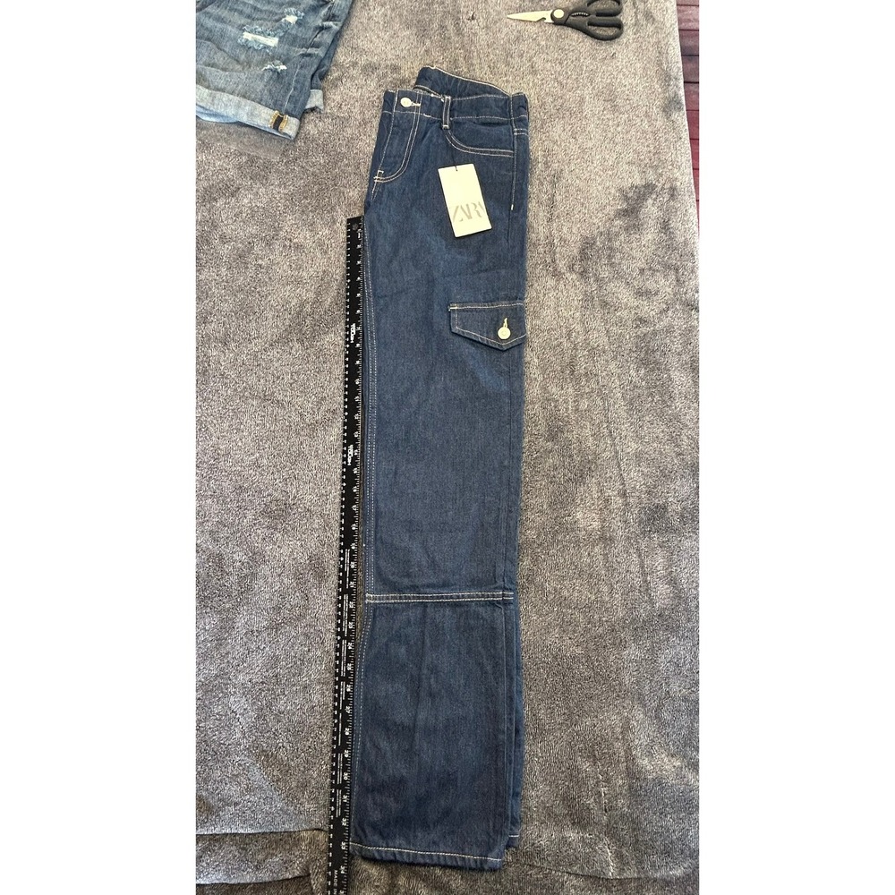 Zara Dark Wash Denim Cargo Pants Straight Leg Contrast Stitch Blue NWT